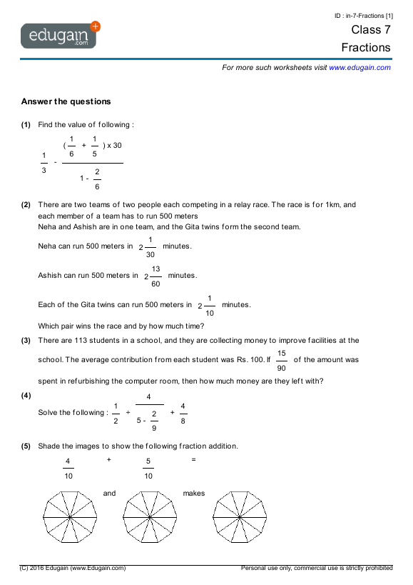Grade 7 Math Worksheets And Problems Fractions Edugain Global