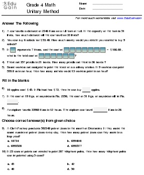 Grade 4 Math Worksheets and Problems: Unitary Method : EduGain Global