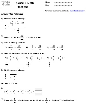 Grade 7 Math Worksheets and Problems: Fractions : EduGain Global