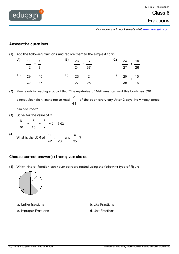 Grade 6 Fractions Math Practice Questions Tests Worksheets Quizzes Assignments